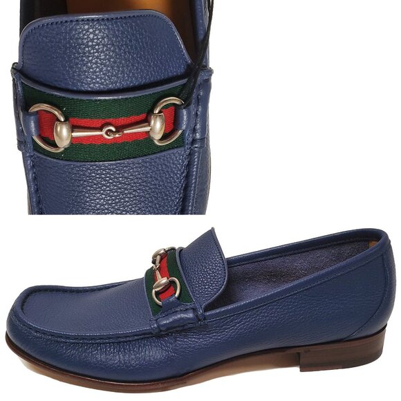 GUCCI SHOES MENS BLUE LEATHER MOCCASIN LOAFERS w HORSEBIT WEB sz 12.5G 13 - Picture 1 of 15